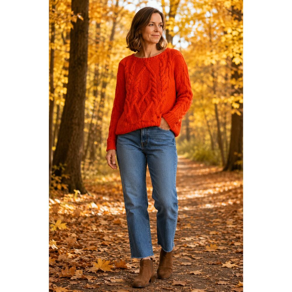 Anthropologie Sleeping On Snow Orange Cable Knit Sweater Med Wool Blend Chunky